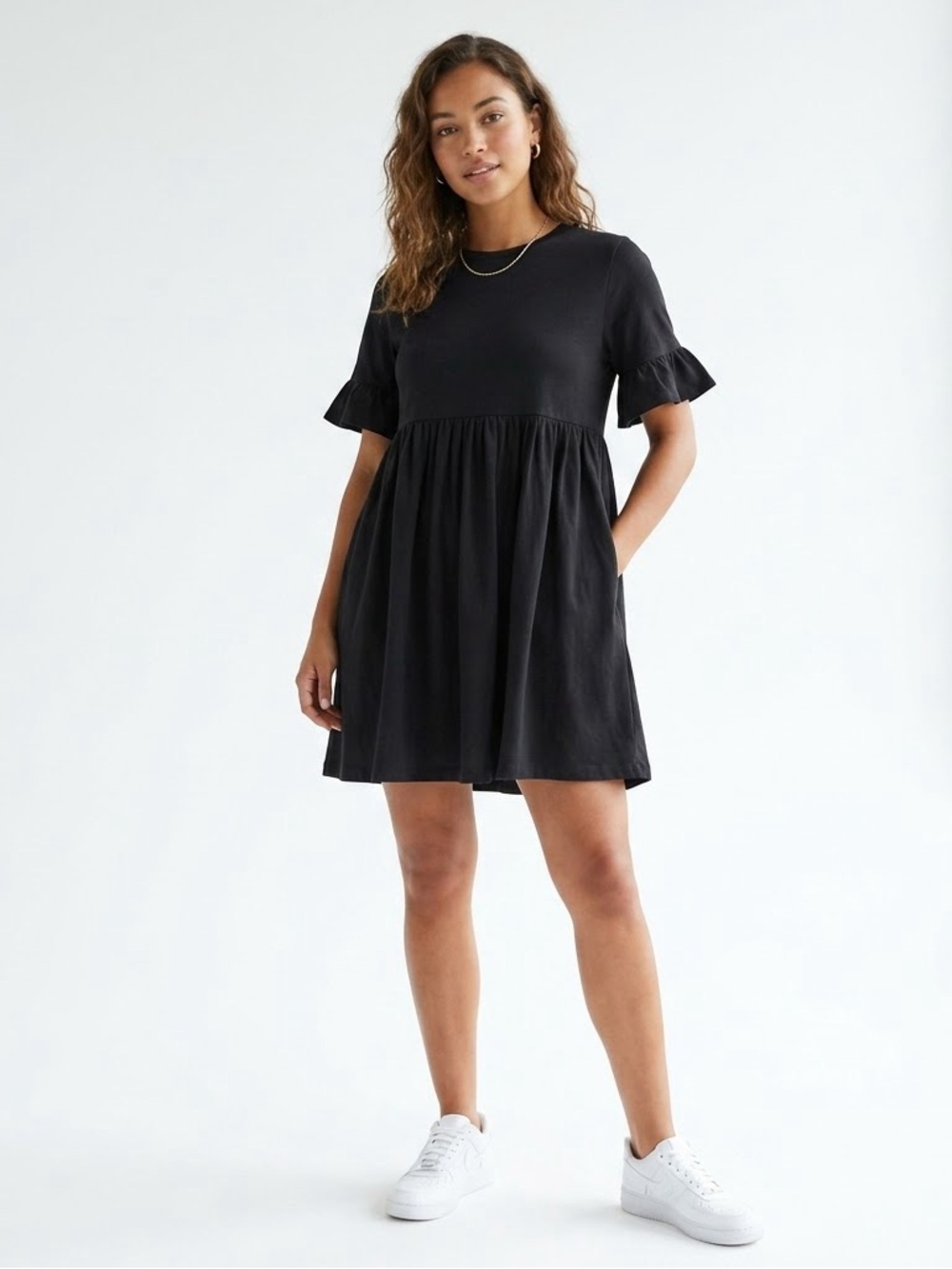 ASOS Black Cotton Ruffle Sleeve Babydoll Mini Dress - Size US 4 (UK 8)